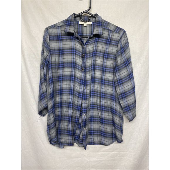 LOFT Tops - Loft Women Long Sleeve Shirt Blouse Full Button up Decorative Beads Gray Plaid M
